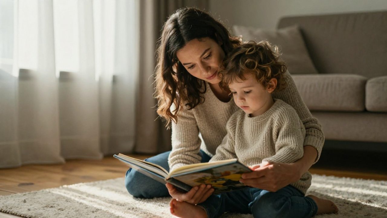 Madre sentada en una alfombra leyendo un libro de cuentos con su hijo pequeño.