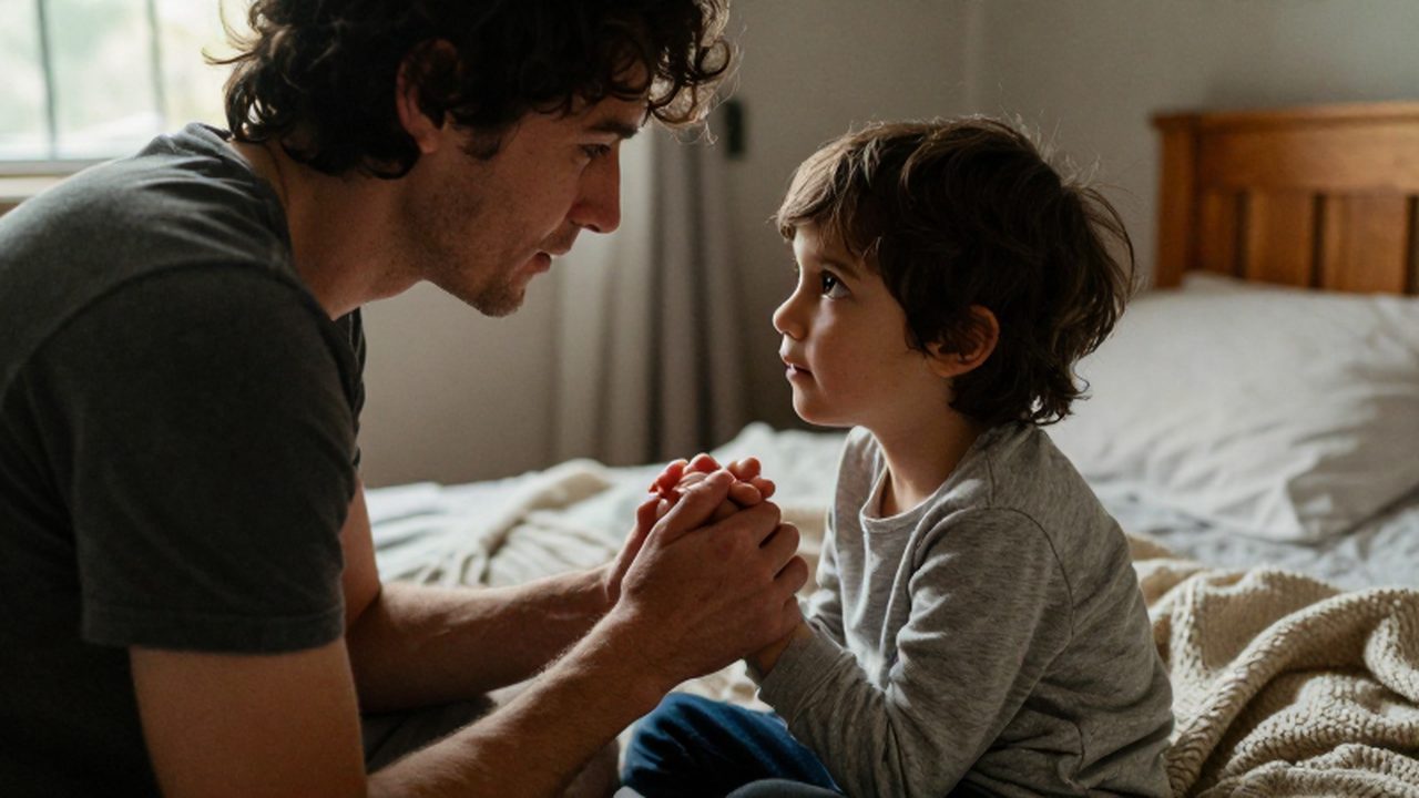 Un padre o madre mira con ternura a su hijo mientras sostienen sus manos sobre una cama.