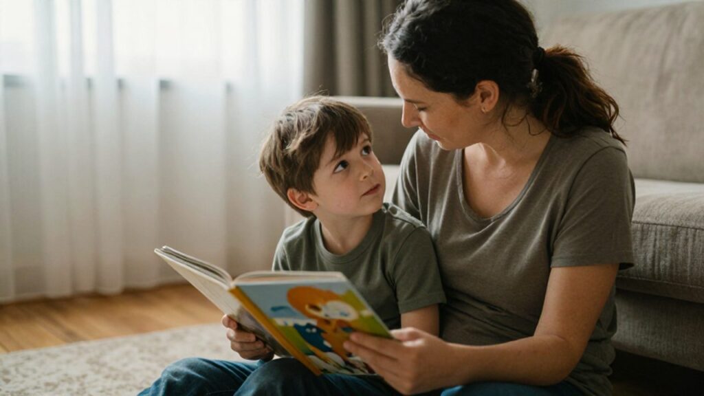 Madre e hijo sentados en una alfombra leyendo juntos un libro de ilustraciones.