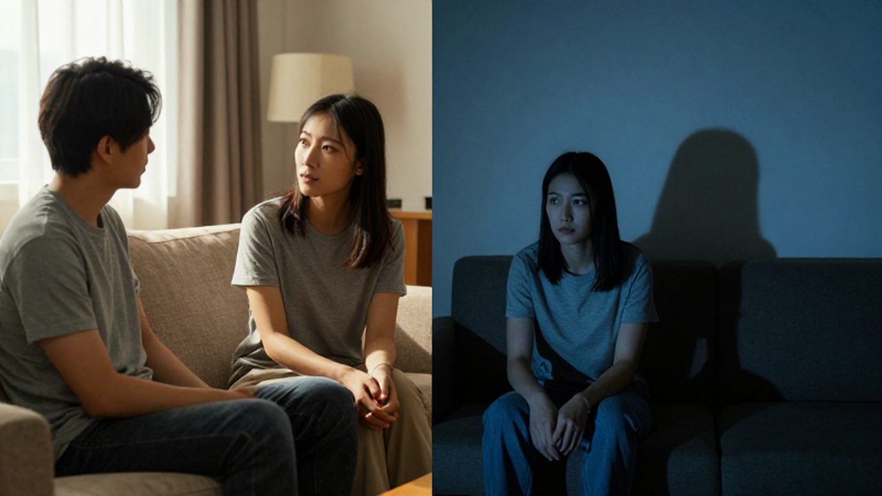 Comparación entre una pareja en una conversación tranquila y luz cálida frente a otra en tensión y sombras frías.