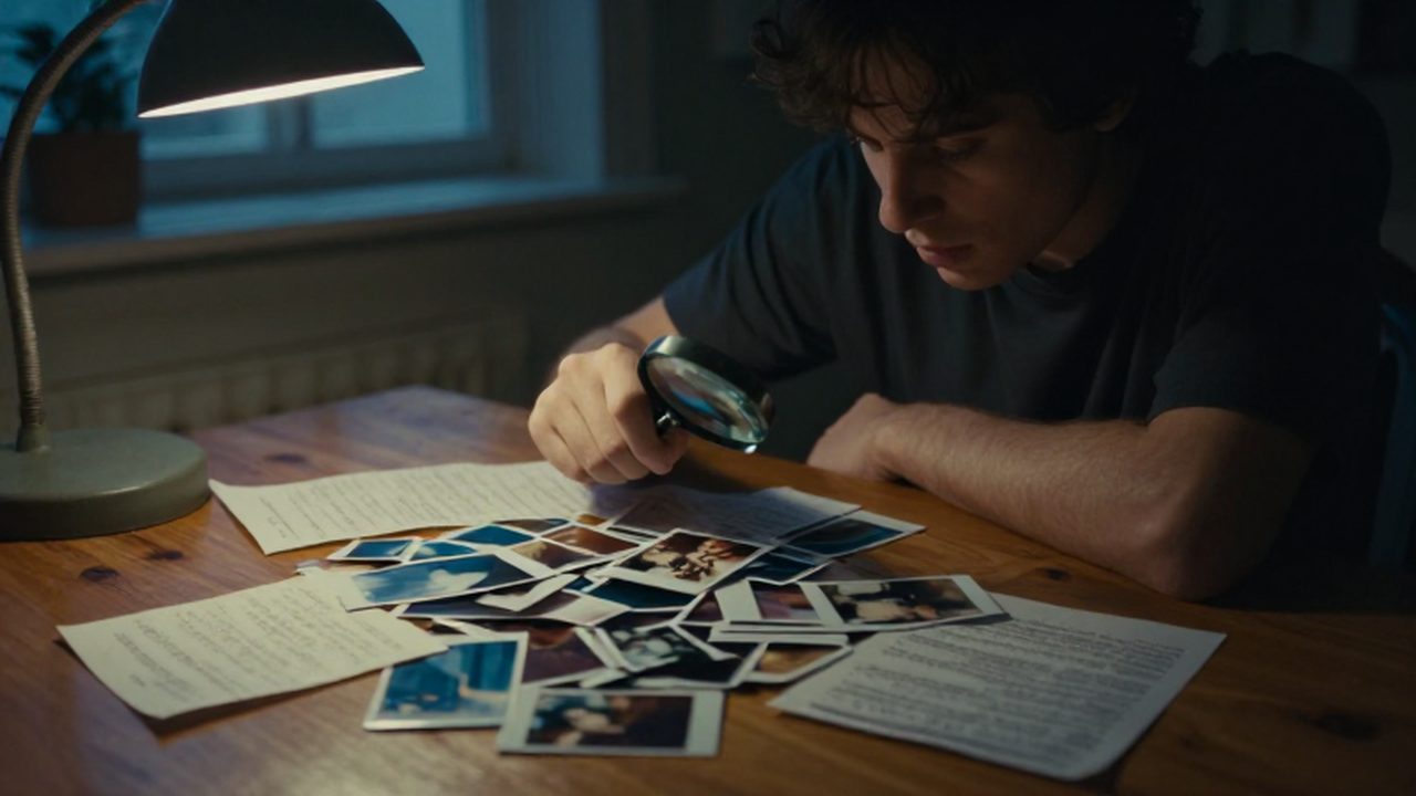 Persona sentada frente a una mesa con fotos polaroid y notas bajo una luz tenue.