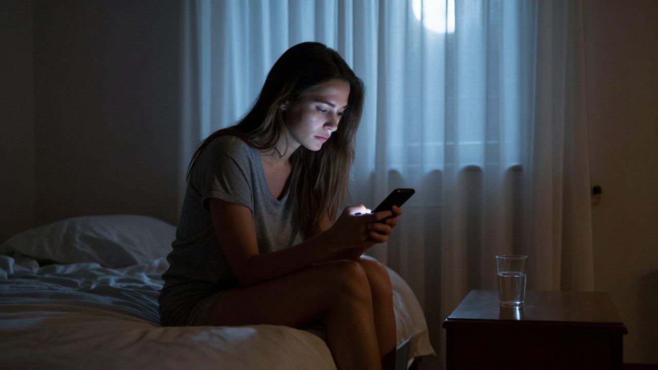Mujer solitaria sentada en el borde de una cama mirando la luz de su teléfono móvil.