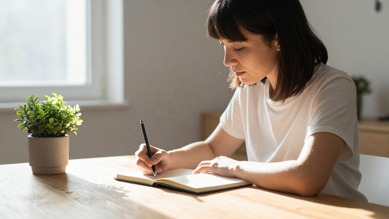 Mujer escribiendo en un diario sobre un escritorio de madera bajo la luz del sol.