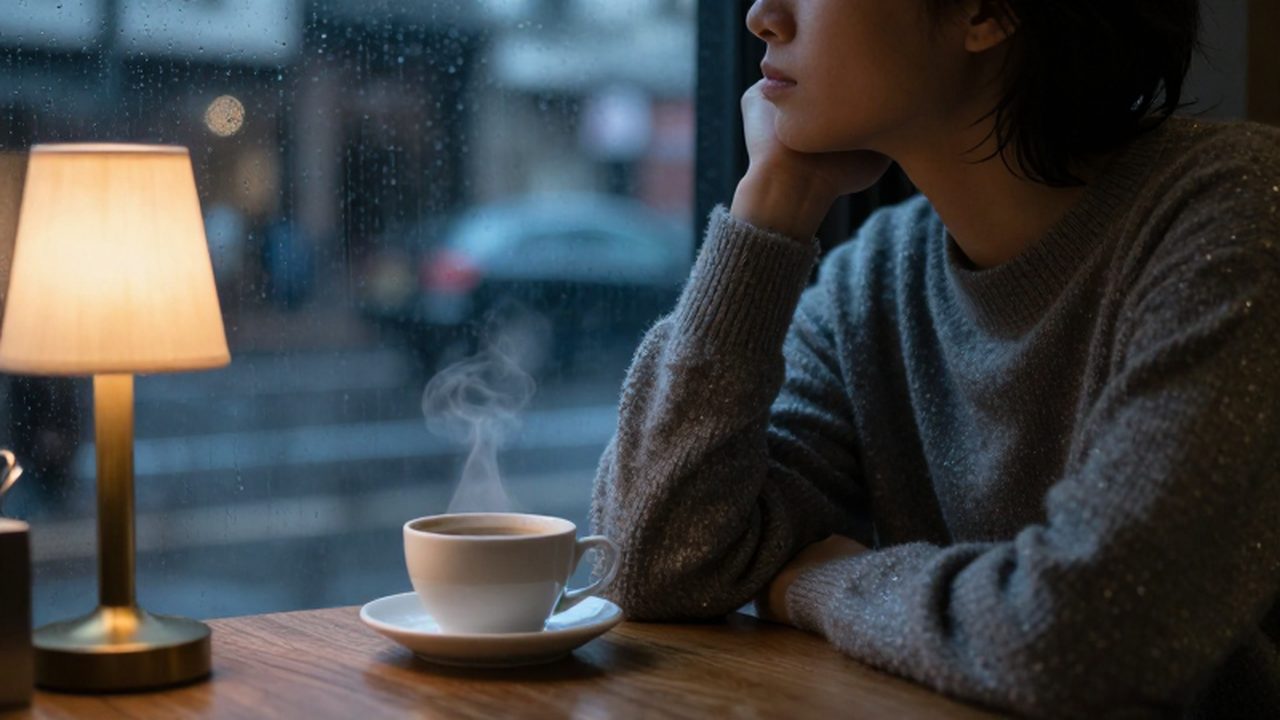 Persona solitaria sentada frente a una ventana lluviosa con una taza de café humeante.