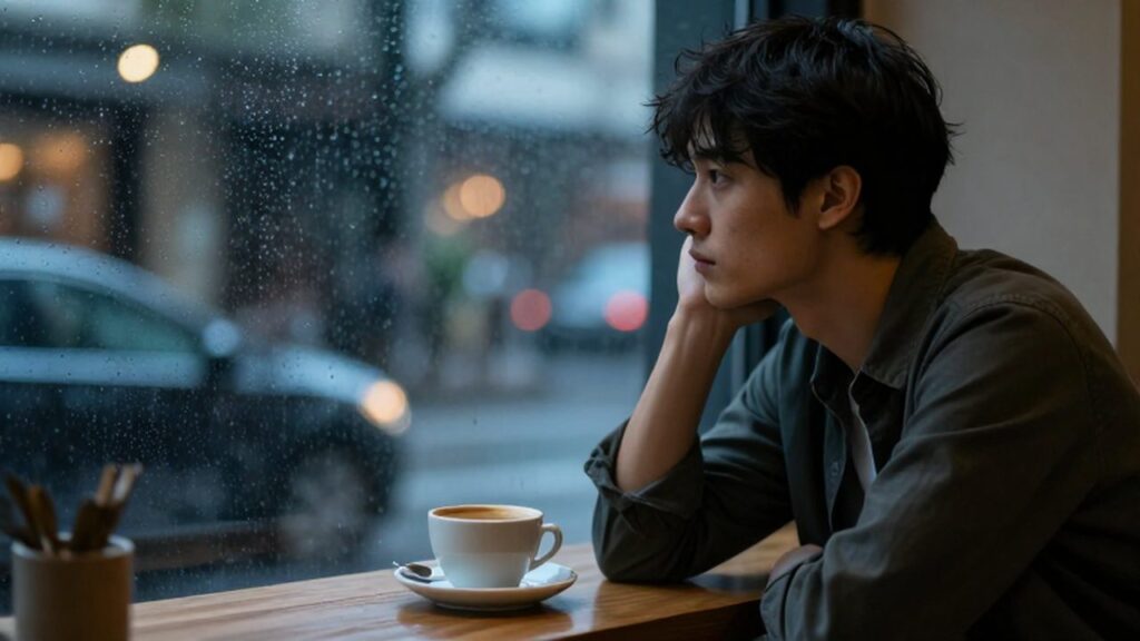 Joven pensativo mirando a través de una ventana empañada por la lluvia junto a un café.