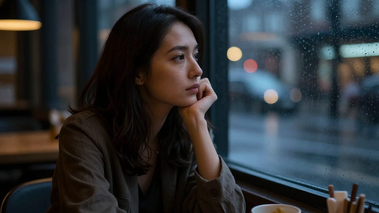 Mujer pensativa sentada frente a una ventana con gotas de lluvia en un café iluminado.