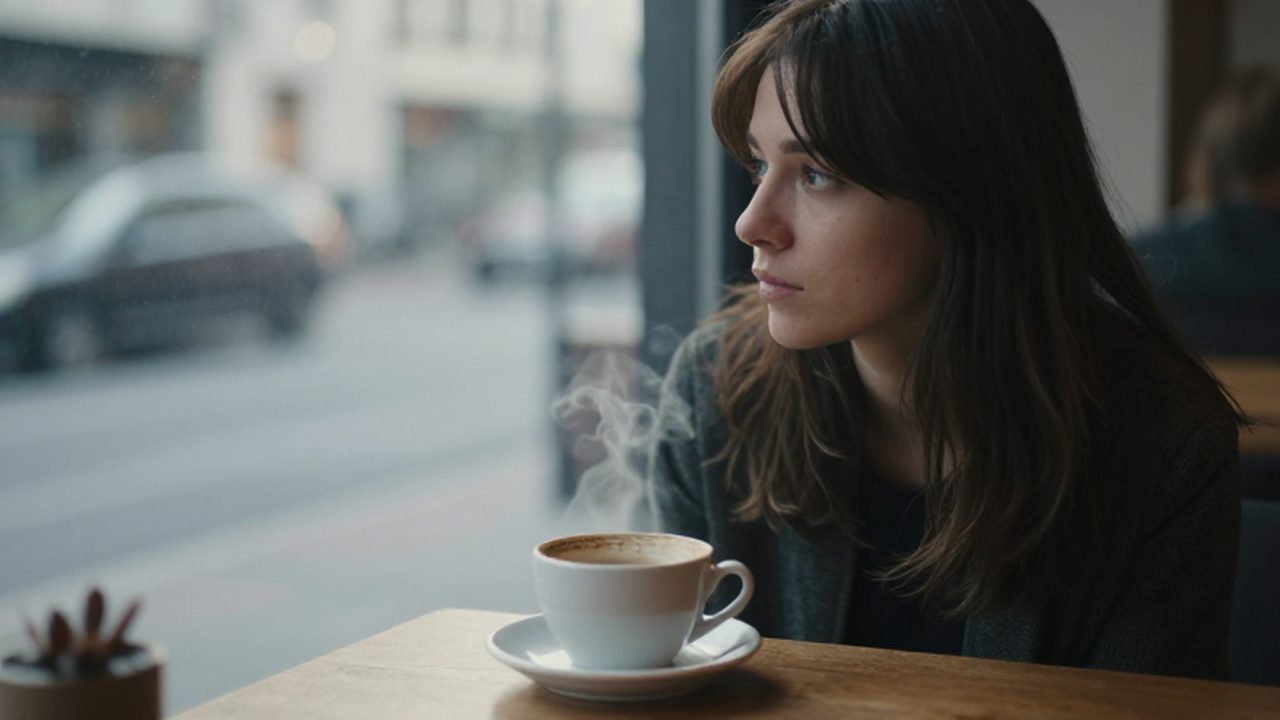Mujer pensativa sentada frente a una ventana con una taza de café humeante.