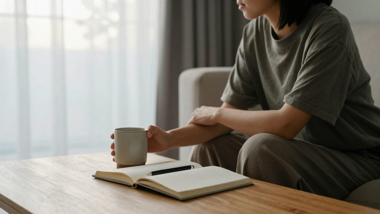 Persona sentada en un salón luminoso con un diario y una taza de café.