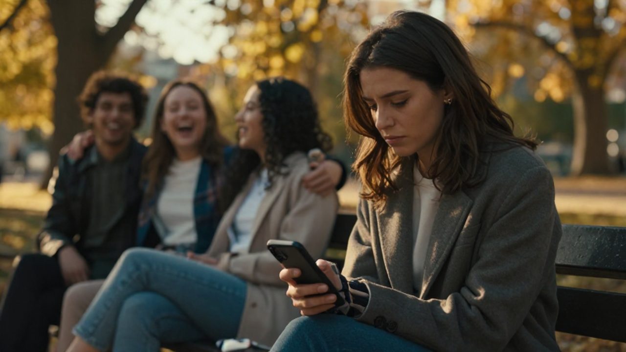 Una mujer sentada en un banco de parque mira su móvil con melancolía mientras un grupo de amigos ríe al fondo.