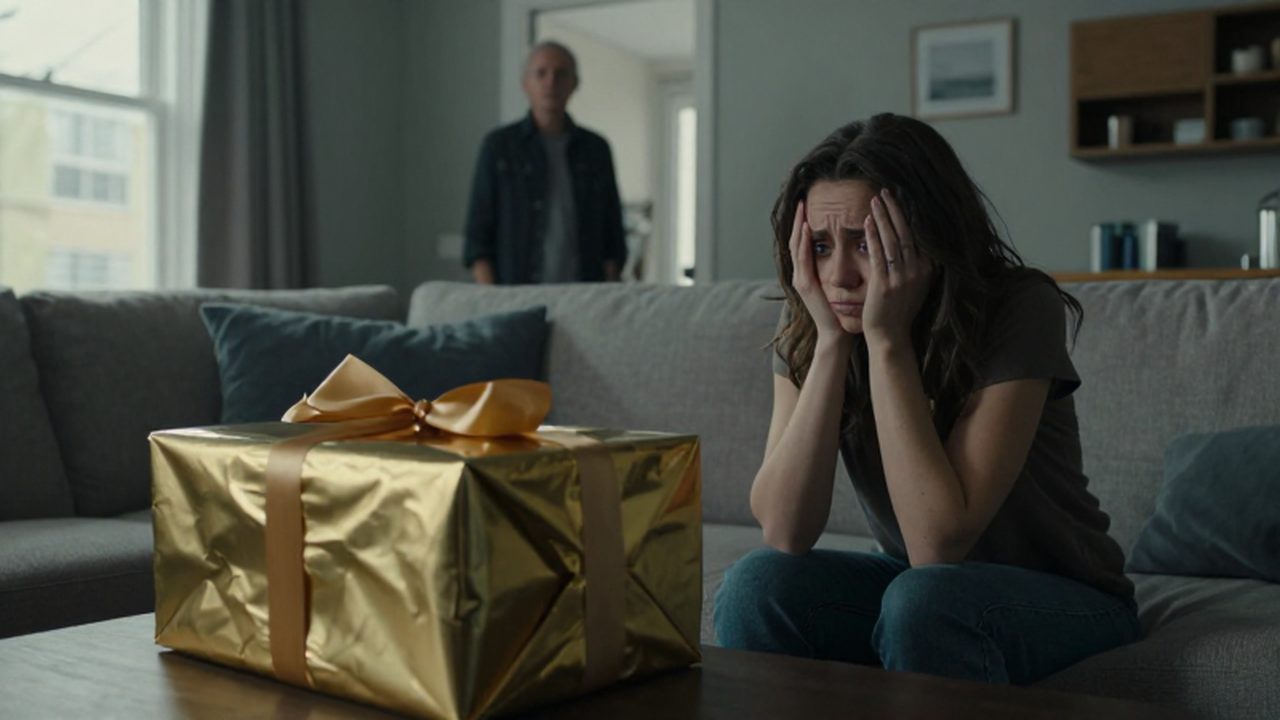 Mujer angustiada en un sofá frente a un regalo dorado excesivo en la mesa.