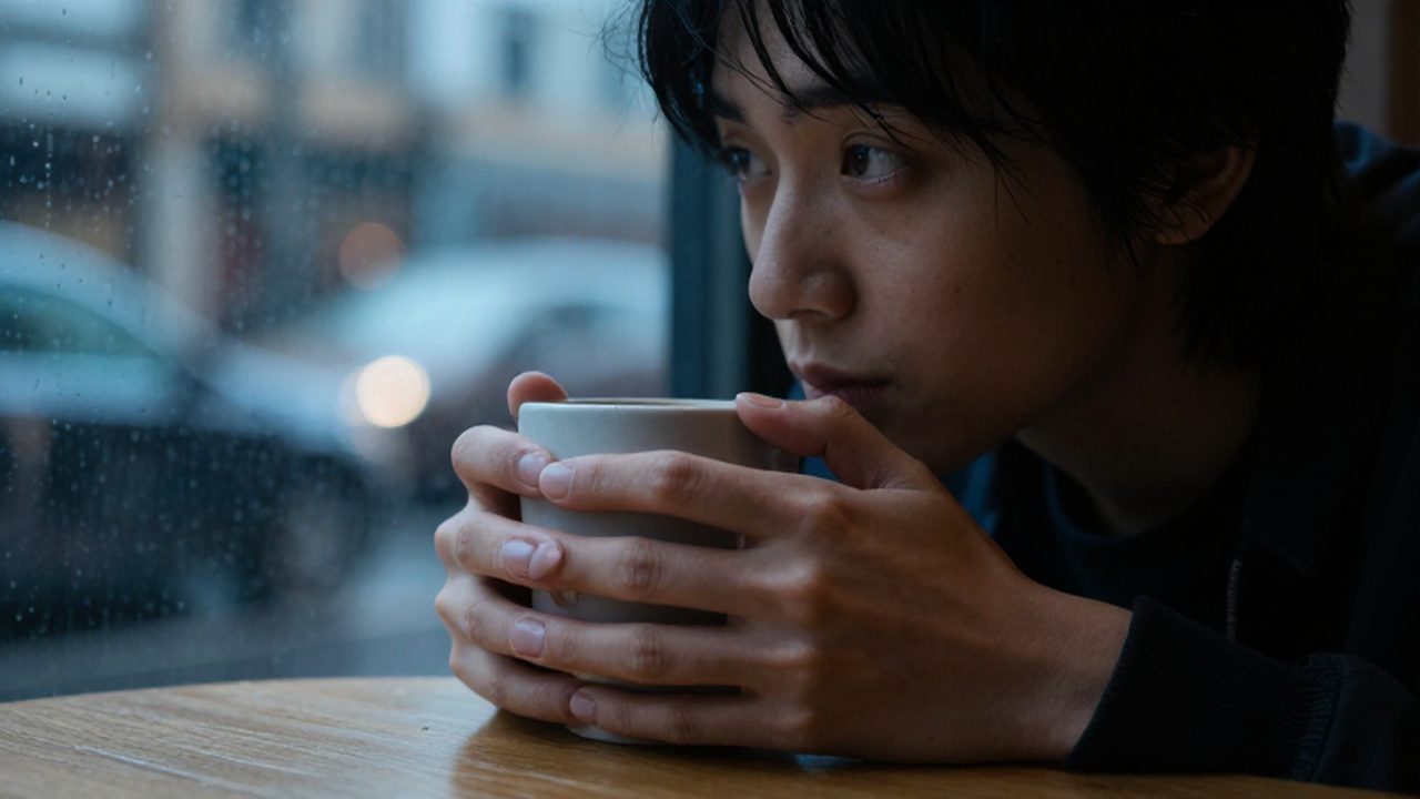 Persona contemplativa sentada en una cafetería con las manos aferradas a una taza frente a un ventanal lluvioso.