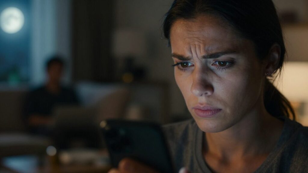 Mujer con expresión de ansiedad observa intensamente su teléfono mientras una silueta se ve al fondo.