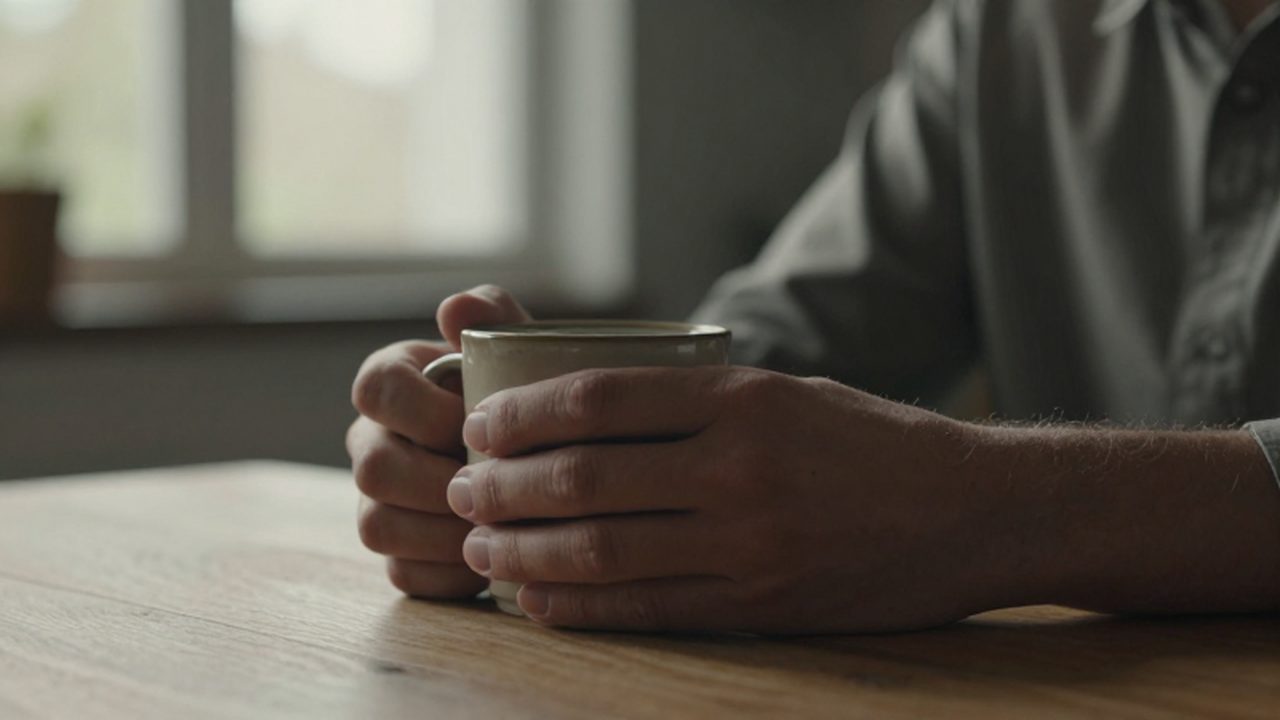 Manos sujetando una taza de cerámica sobre una mesa de madera bajo la luz matinal.