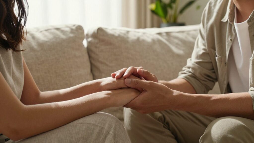 Hombre y mujer sentados en un sofá bajo la luz natural mientras él sostiene su mano con delicadeza.
