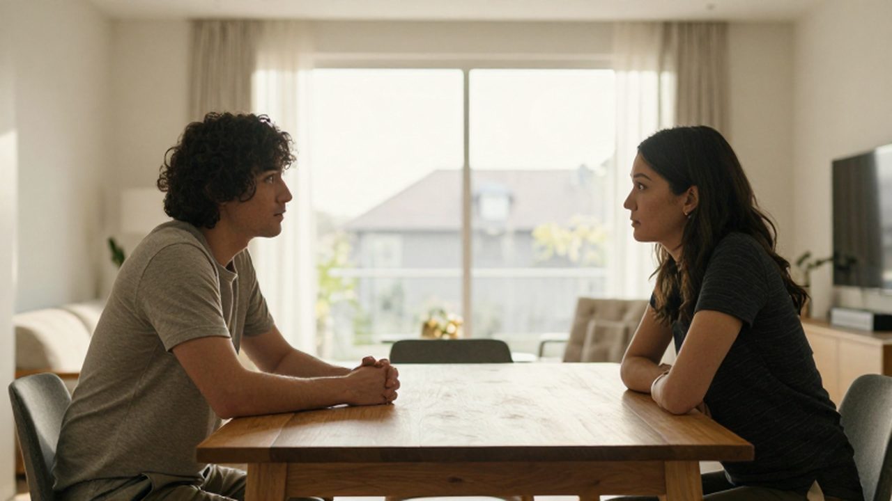 Un hombre y una mujer conversan con calma sentados frente a frente en un comedor iluminado.