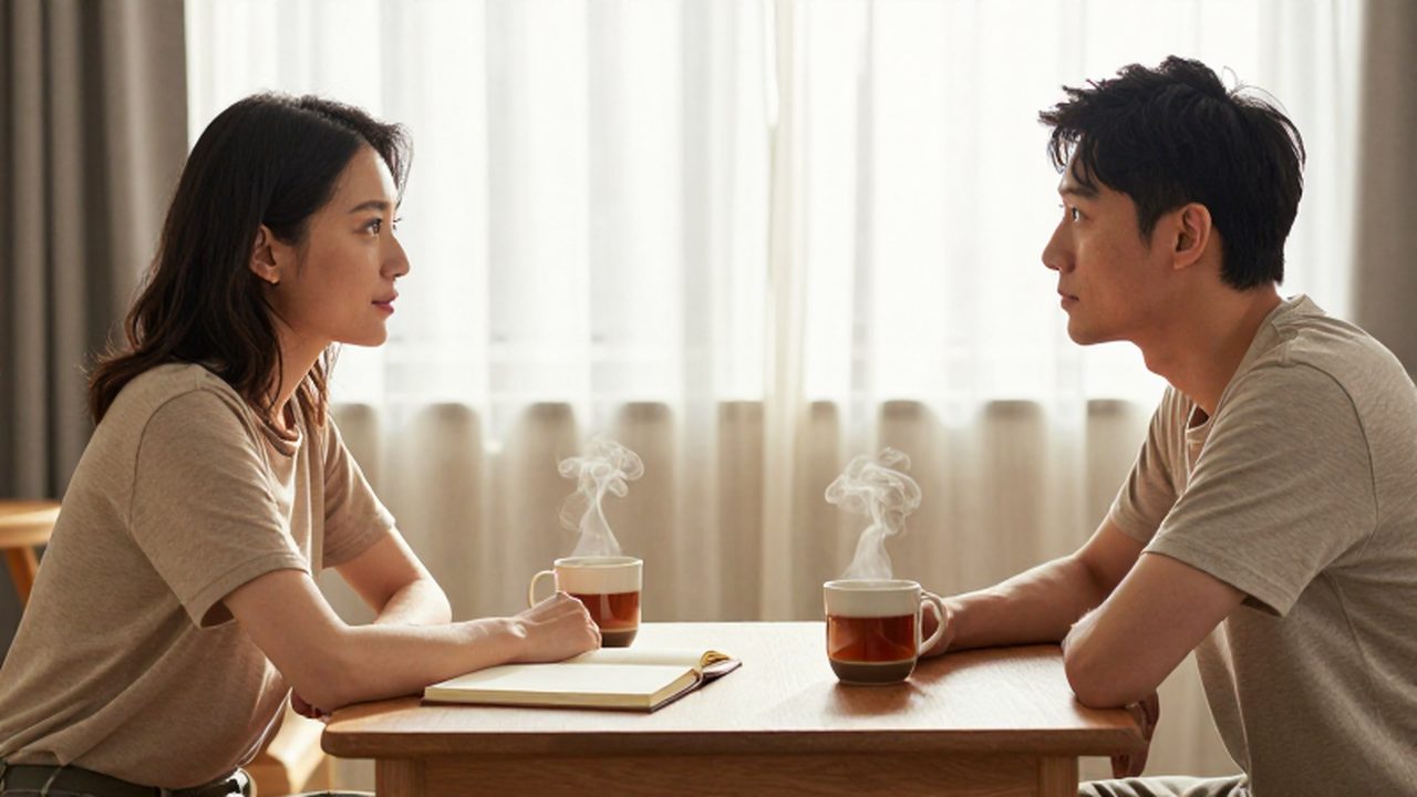 Pareja sentada frente a frente en una mesa compartiendo un diario y té bajo la luz de la mañana.
