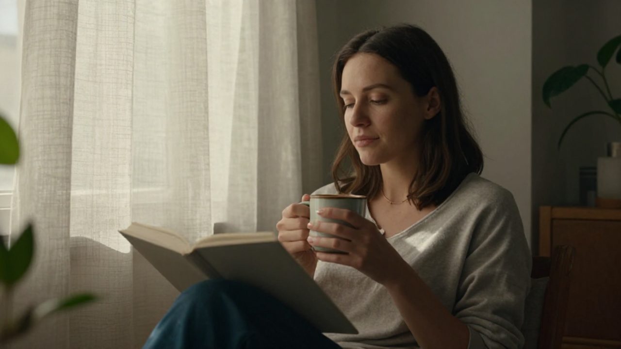 Mujer relajada sentada en un rincón de lectura iluminado por el sol con una taza caliente.