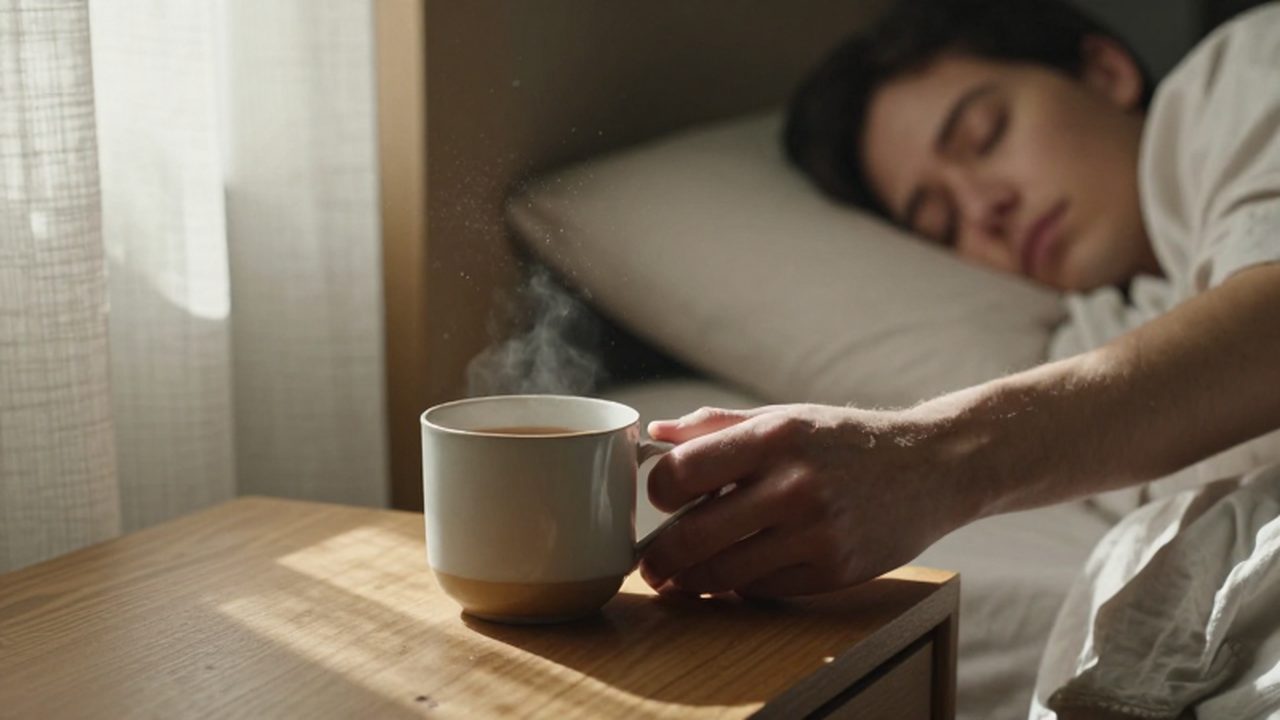 Una mano coloca una taza de té caliente sobre una mesa de noche junto a una persona durmiendo.