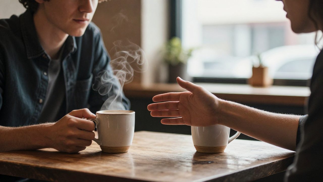 Dos amigos se sientan frente a frente en una cafetería mientras uno extiende la mano para reconciliarse.