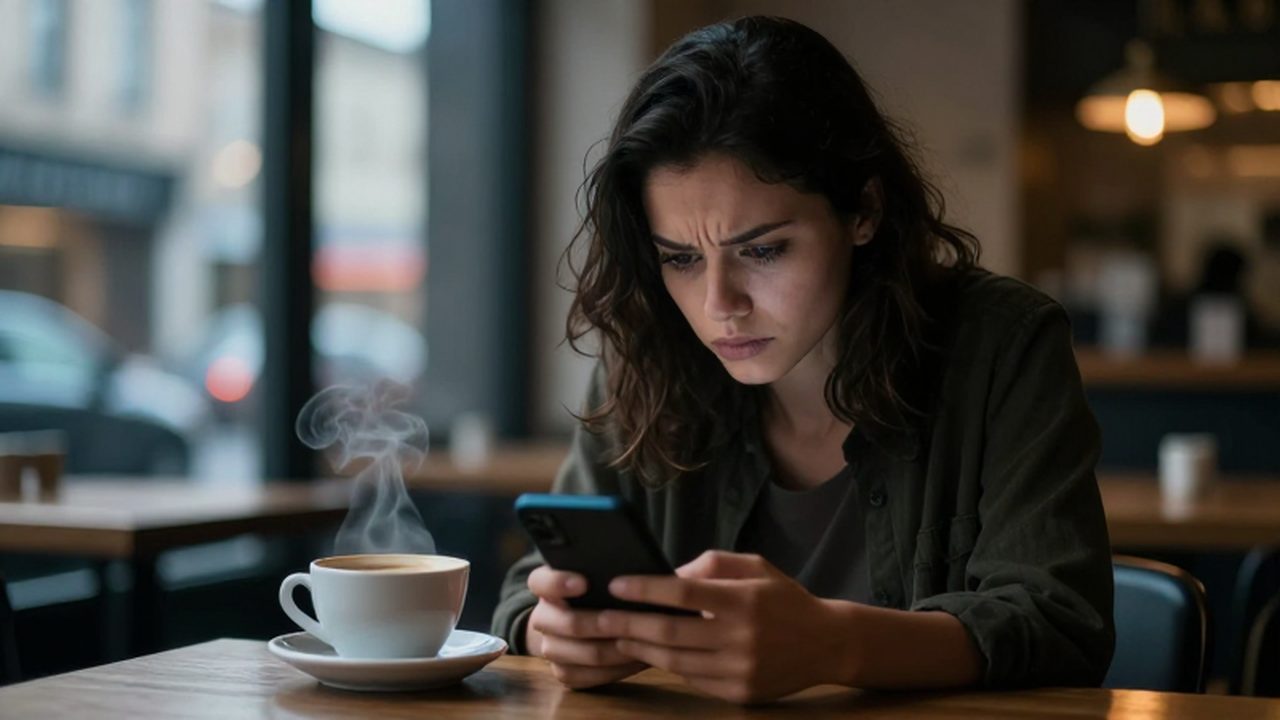 Mujer pensativa frente a su teléfono en una cafetería con luz tenue.