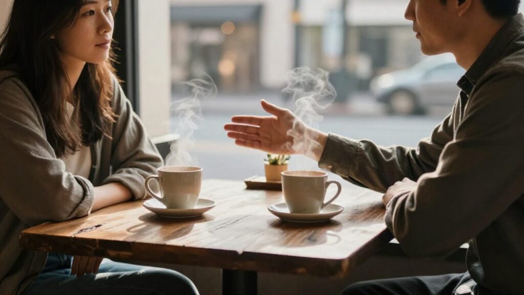 Dos personas sentadas en una cafetería se muestran un gesto de reconciliación sobre una mesa de madera.