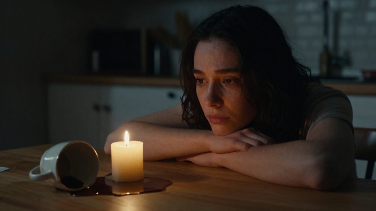 Persona con mirada perdida sentada ante una taza de cerámica rota y derramada en una mesa oscura.