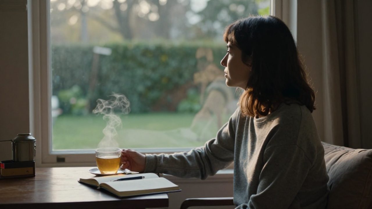 Mujer contemplativa sentada junto a una ventana con un diario y una taza de té.