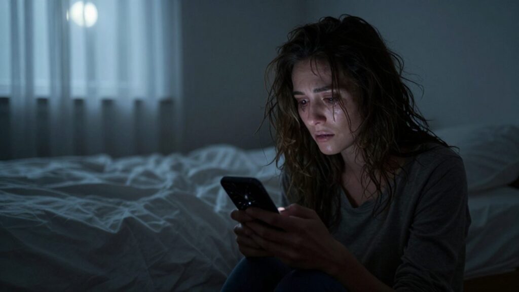 Mujer angustiada sentada en la cama con la mirada perdida y un móvil roto.