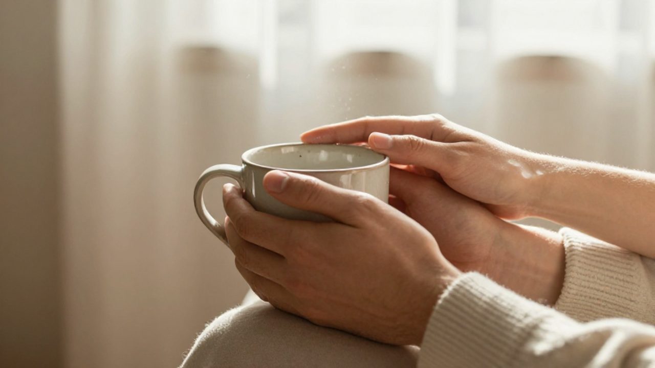 Manos de un hombre sosteniendo una taza de cerámica con la mano de una mujer apoyada encima.