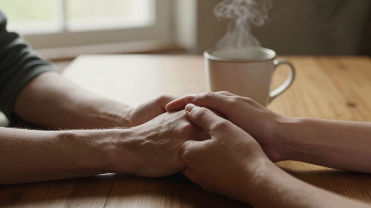 Manos entrelazadas sobre una mesa de madera bajo una luz cálida junto a una taza de té.