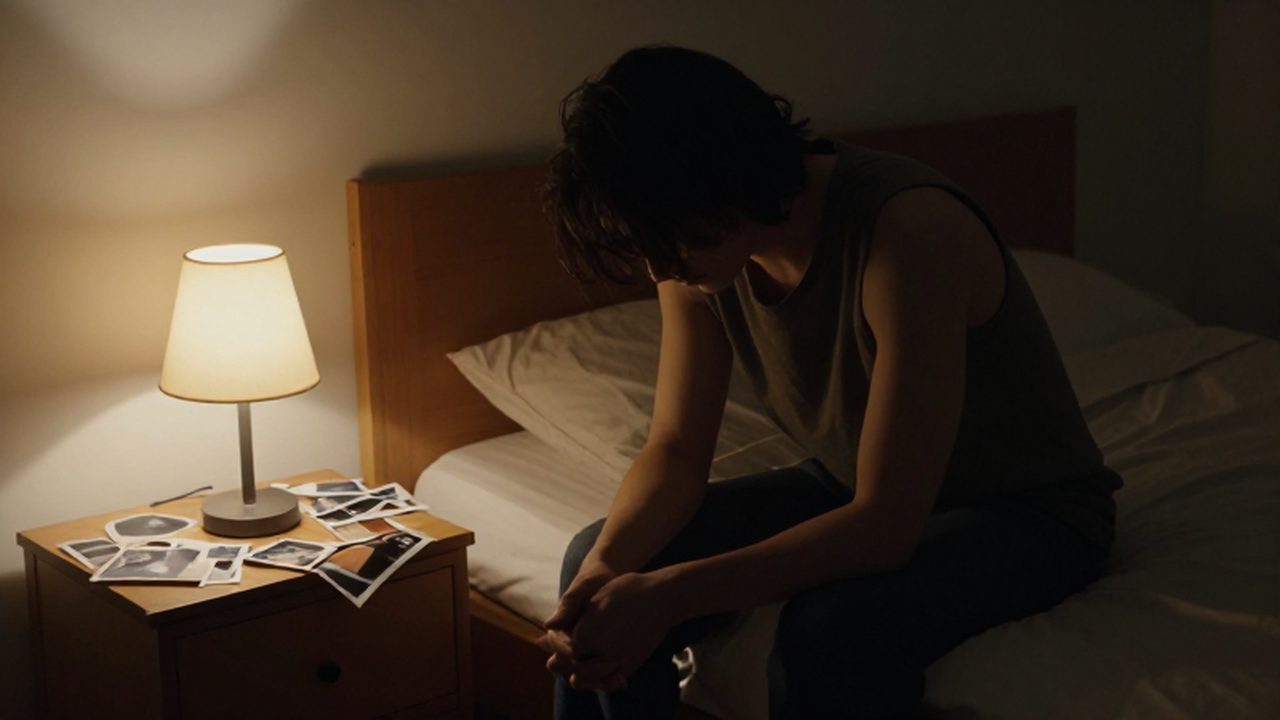 Persona solitaria sentada al borde de la cama con la cabeza baja y fotografías rotas cerca.