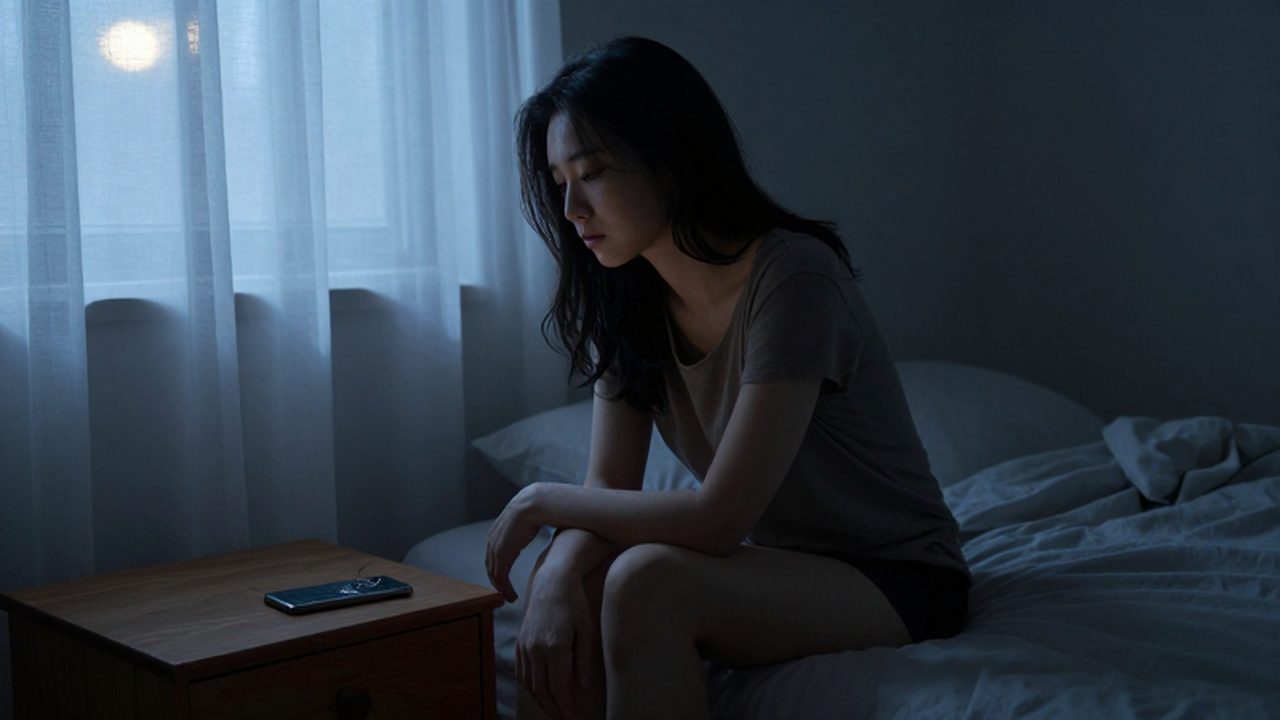 Mujer con expresión de agotamiento sentada en una cama junto a un teléfono roto.