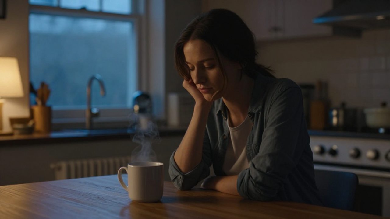 Mujer sentada sola ante dos tazas de café en una cocina tenuemente iluminada al atardecer.