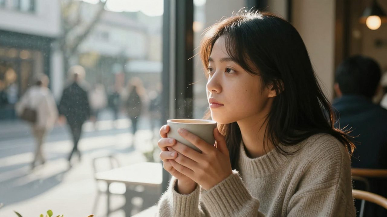 Mujer joven sentada en un café soleado contemplando la calle mientras sostiene una taza caliente.