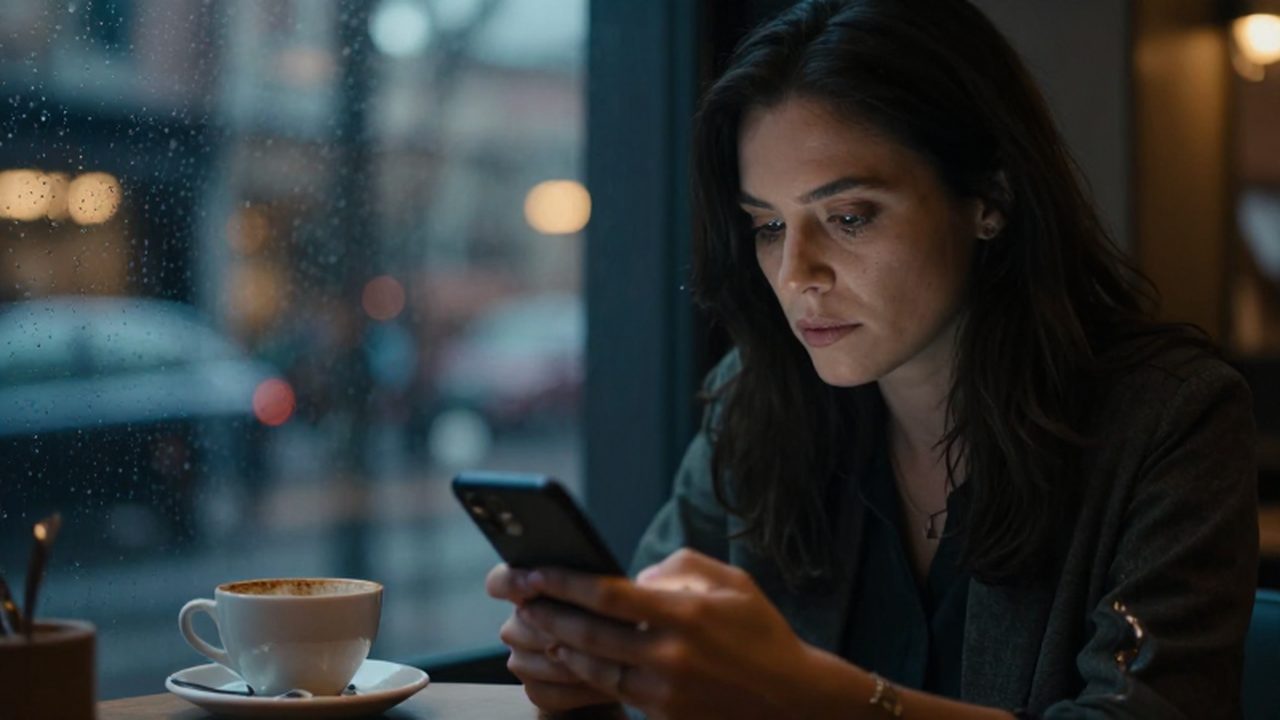 Mujer pensativa sentada en un café con luz tenue mirando su móvil junto a un café.