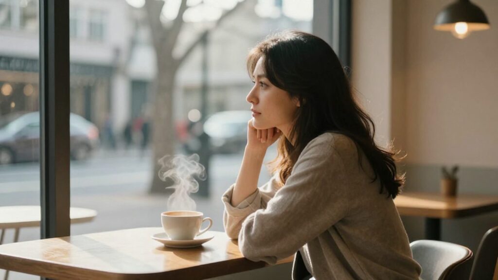 Mujer pensativa sentada frente a una ventana en un café luminoso con una taza de café.