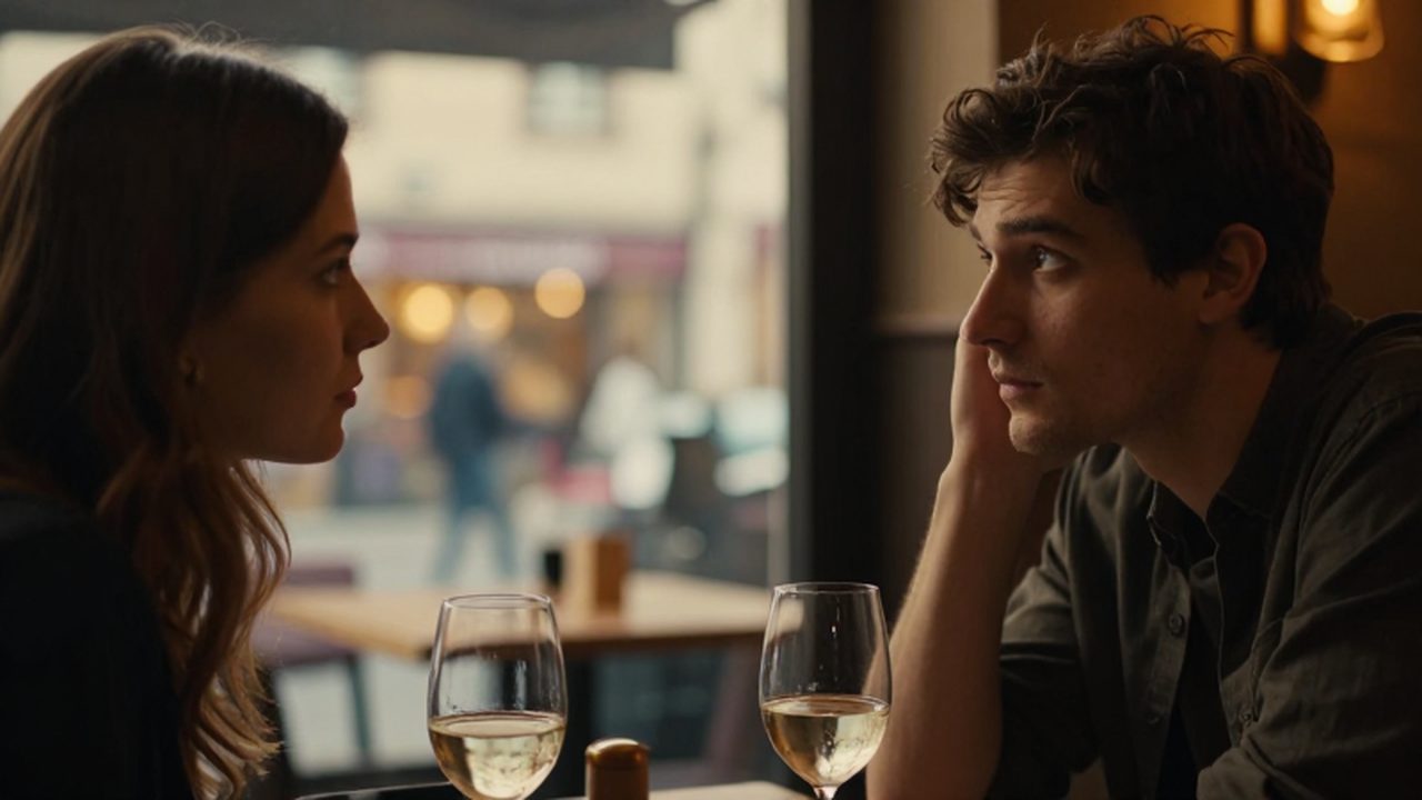 Joven pareja manteniendo una mirada intensa mientras comparten copas de vino en un café.