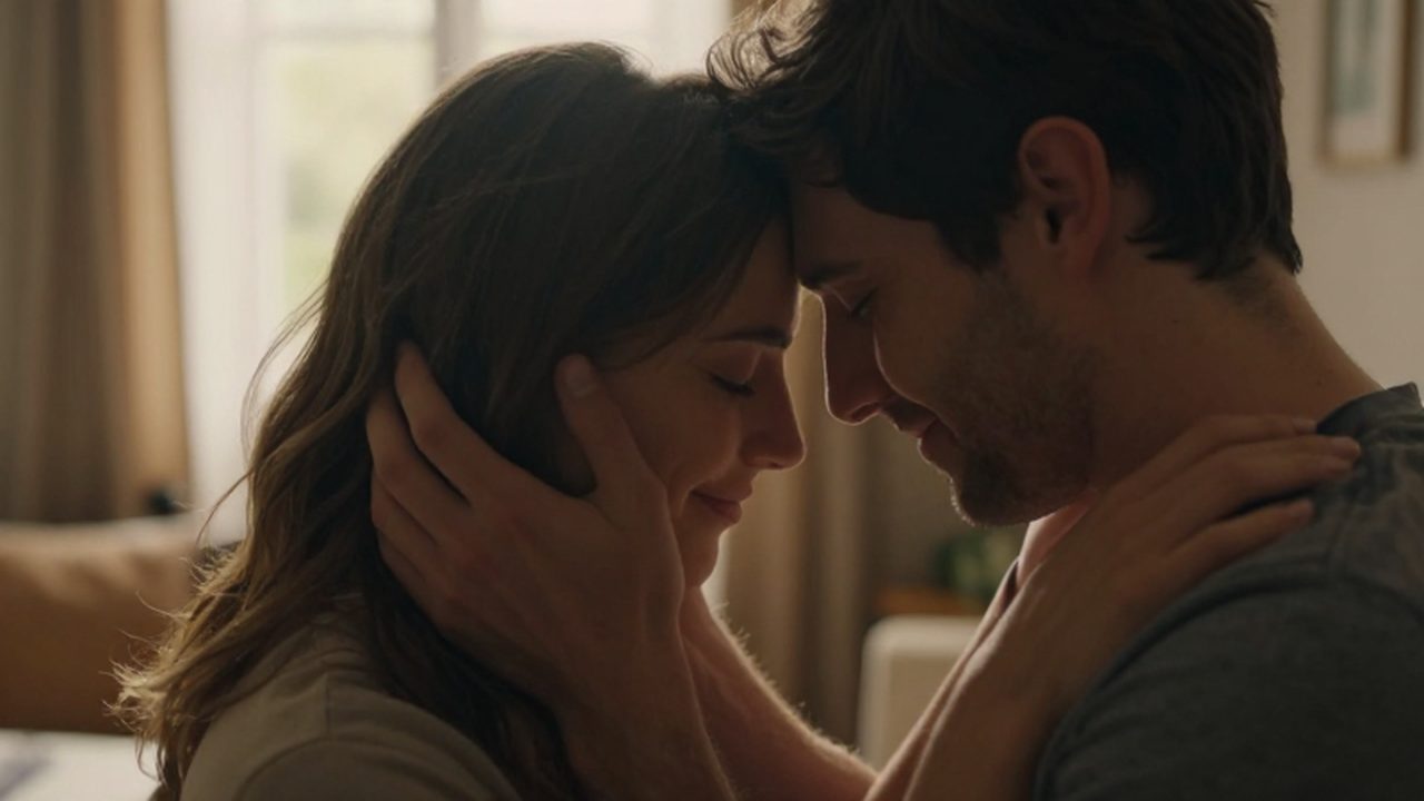 Pareja abrazada con los ojos cerrados y las frentes juntas bajo una luz cálida de atardecer.