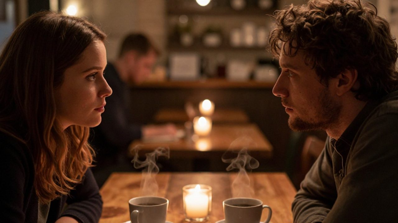 Hombre y mujer con mirada profunda conversando frente a frente en un café acogedor.