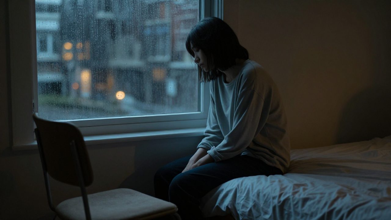 Mujer melancólica sentada en el borde de una cama mirando a través de una ventana lluviosa.