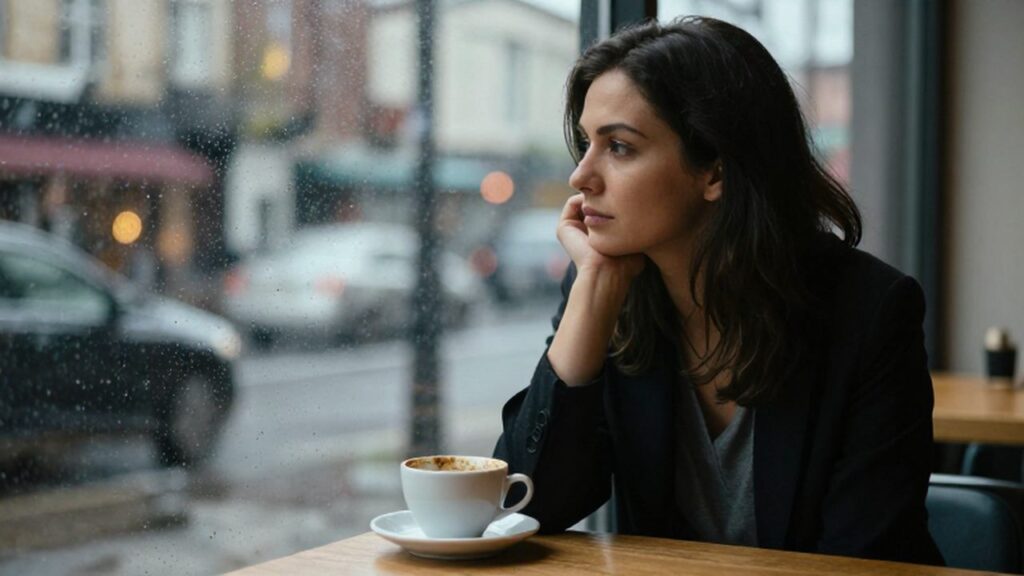 Mujer pensativa sentada frente a una taza de café junto a una ventana lluviosa.