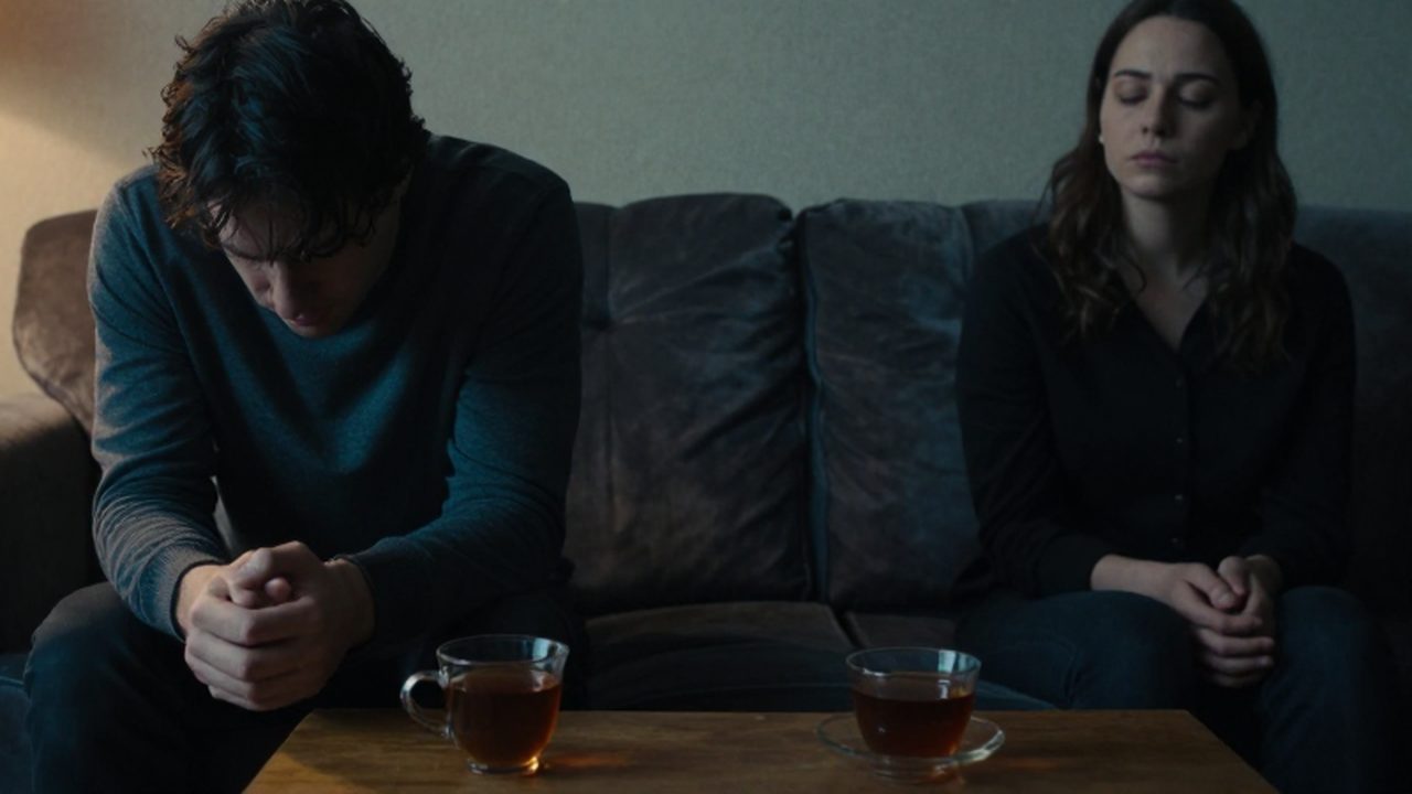Pareja en tensión emocional sentada en extremos opuestos de un sofá con tazas de té intactas.