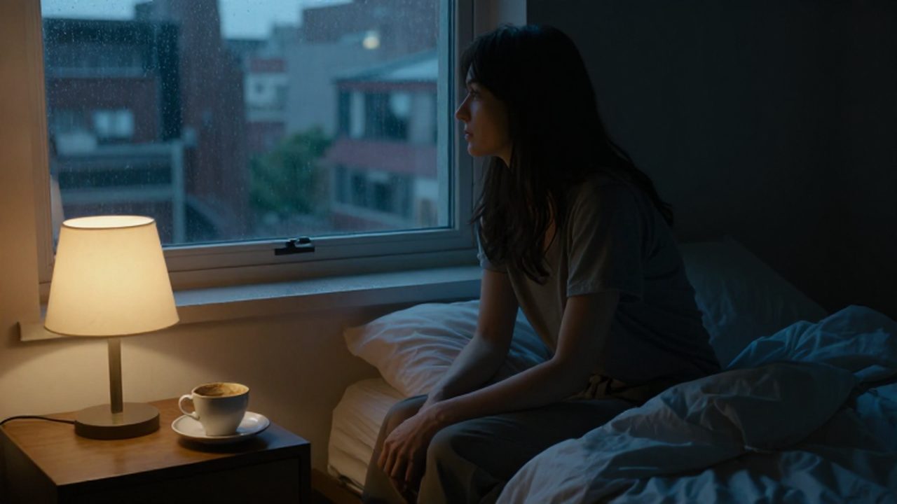 Mujer solitaria sentada en una cama mirando una ciudad lluviosa a través de la ventana.