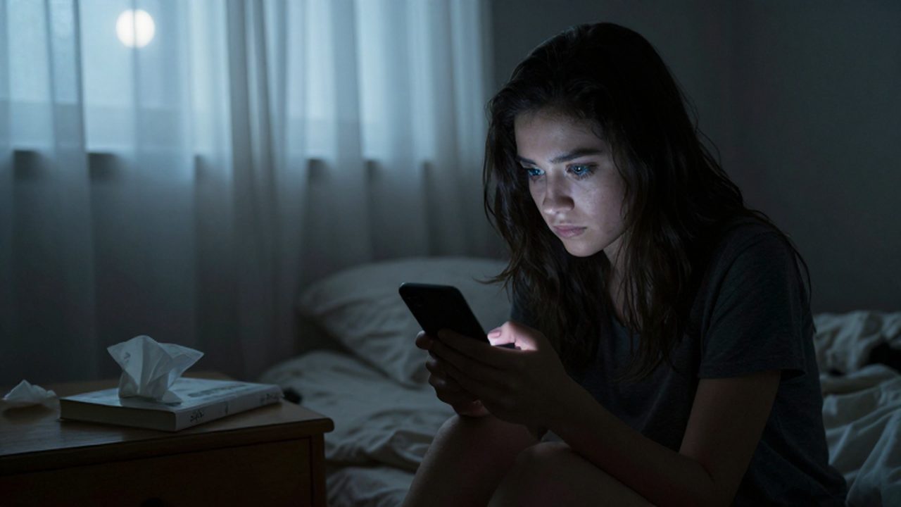 Mujer solitaria sentada en una cama deshecha mirando intensamente la pantalla de su teléfono.