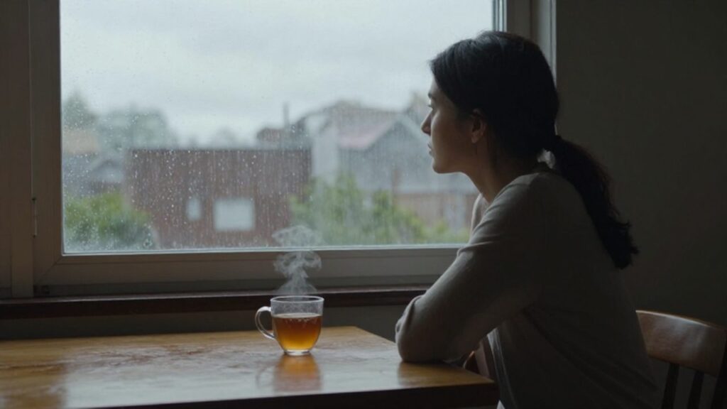 Mujer sentada junto a una ventana mientras observa la lluvia con una taza de té humeante.