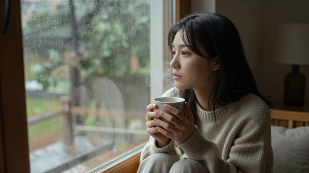 Mujer joven con un suéter de punto observa la lluvia mientras sostiene una taza caliente.