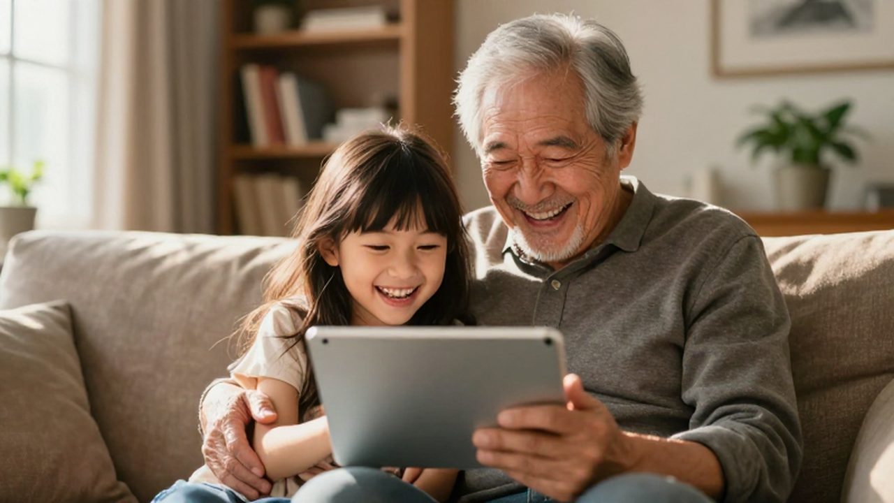 Abuelo y nieta ríen juntos mientras comparten un momento frente a una tableta en el sofá.