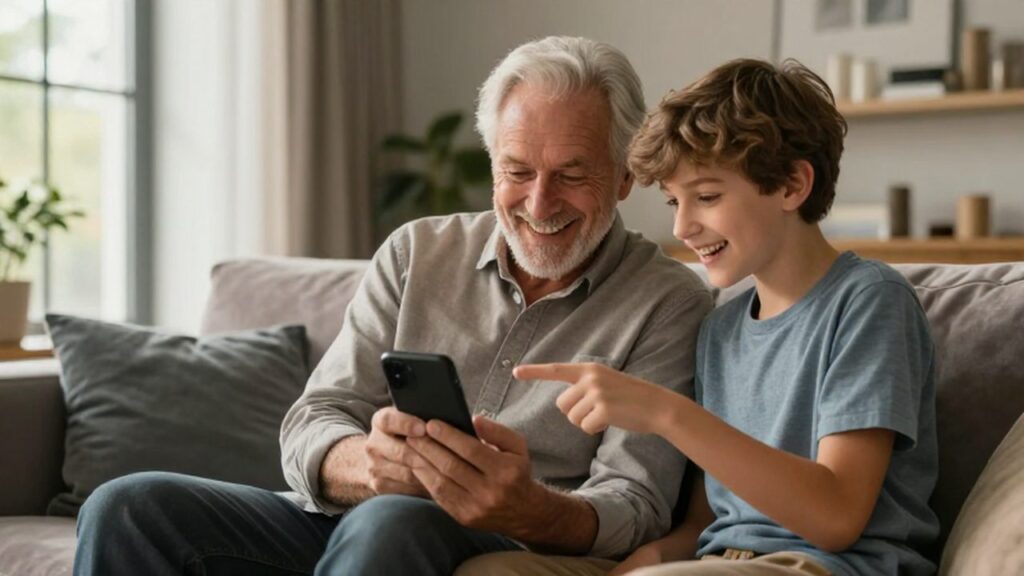 Abuelo y nieto ríen juntos mientras comparten un momento mirando la pantalla de un móvil.