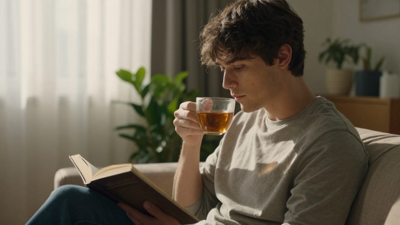 Joven sentado en un salón luminoso leyendo un libro mientras toma una taza de té.