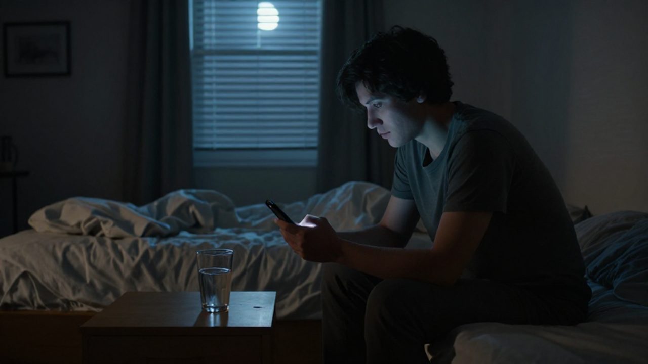 Persona solitaria sentada en el borde de una cama mirando su móvil en una habitación oscura.